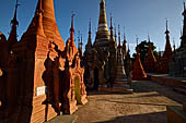 Inle Lake Myanmar. Indein, on the summit of a hill the  Shwe Inn Thein Paya a cluster of hundreds of ancient stupas. Many of them are ruined and overgrown with bushes. 